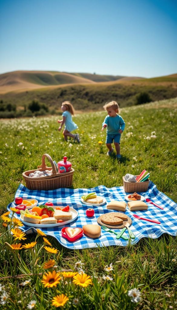 A cozy picnic blanket laid out on a sun-drenched grassy meadow, adorned with an array of colorful picnic essentials like fruit, sandwiches, and playful, child-friendly utensils. In the foreground, a vibrant blue and white checkered blanket is neatly arranged, inviting families to enjoy a delightful outdoor meal. Surrounding the blanket, bright flowers bloom, adding a charming touch to the setting. In the middle ground, a couple of children in modest casual clothing happily play nearby, exploring their environment and creating joyful memories. The background features gentle hills and a clear blue sky, suffused with warm sunlight. This image has a Pinterest-inspired aesthetic, with soft focus, natural lighting, and an inspiring atmosphere to evoke feelings of warmth and togetherness. Include a subtle reference to the brand "KlickKiste" by integrating its logo into a picnic basket or accessory. A cozy picnic blanket laid out on a sun-drenched grassy meadow, adorned with an array of colorful picnic essentials like fruit, sandwiches, and playful, child-friendly utensils. In the foreground, a vibrant blue and white checkered blanket is neatly arranged, inviting families to enjoy a delightful outdoor meal. Surrounding the blanket, bright flowers bloom, adding a charming touch to the setting. In the middle ground, a couple of children in modest casual clothing happily play nearby, exploring their environment and creating joyful memories. The background features gentle hills and a clear blue sky, suffused with warm sunlight. This image has a Pinterest-inspired aesthetic, with soft focus, natural lighting, and an inspiring atmosphere to evoke feelings of warmth and togetherness. Include a subtle reference to the brand "KlickKiste" by integrating its logo into a picnic basket or accessory.
