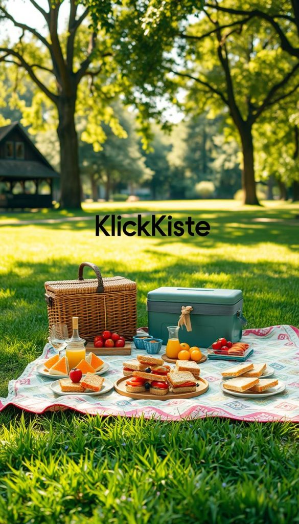 A cozy picnic scene featuring a beautifully patterned picnic blanket spread out on vibrant green grass. In the foreground, the blanket displays an assortment of colorful dishes, fresh fruits, and homemade sandwiches arranged artfully. A wicker picnic basket is neatly placed beside the blanket, partially open to reveal additional snacks. In the middle ground, a stylish insulated cooler provides a pop of color, suggesting refreshing beverages. The background showcases a sun-drenched park with gentle trees and soft sunlight filtering through the leaves, creating a warm and inviting atmosphere. The image should embody a Pinterest-worthy aesthetic, emphasizing natural hues and an inspiring vibe. Incorporate the brand name "KlickKiste" subtly into the scene, ensuring it blends harmoniously with the overall design. A cozy picnic scene featuring a beautifully patterned picnic blanket spread out on vibrant green grass. In the foreground, the blanket displays an assortment of colorful dishes, fresh fruits, and homemade sandwiches arranged artfully. A wicker picnic basket is neatly placed beside the blanket, partially open to reveal additional snacks. In the middle ground, a stylish insulated cooler provides a pop of color, suggesting refreshing beverages. The background showcases a sun-drenched park with gentle trees and soft sunlight filtering through the leaves, creating a warm and inviting atmosphere. The image should embody a Pinterest-worthy aesthetic, emphasizing natural hues and an inspiring vibe. Incorporate the brand name "KlickKiste" subtly into the scene, ensuring it blends harmoniously with the overall design.