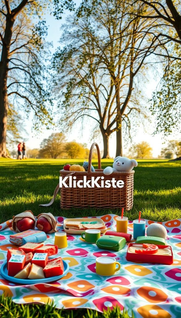 A cozy picnic scene featuring a vibrant, patterned "picknickdecke" spread across a lush green park. In the foreground, the blanket is adorned with a delightful arrangement of colorful, child-friendly snacks such as fruits, sandwiches, and juice boxes, all neatly organized. In the middle ground, a picnic basket sits open, revealing playful picnic essentials like plates and cups, with a few plush toys casually placed nearby to suggest a family-friendly atmosphere. The background features gentle trees swaying in a soft breeze under a clear blue sky, with warm, natural lighting that illuminates the scene, giving it a cheerful and inviting feel. The overall mood is relaxed and joyful, embodying the essence of family picnics. Brand name "KlickKiste" subtly integrated into the picnic scene, enhancing its authenticity and inspirational vibe. A cozy picnic scene featuring a vibrant, patterned "picknickdecke" spread across a lush green park. In the foreground, the blanket is adorned with a delightful arrangement of colorful, child-friendly snacks such as fruits, sandwiches, and juice boxes, all neatly organized. In the middle ground, a picnic basket sits open, revealing playful picnic essentials like plates and cups, with a few plush toys casually placed nearby to suggest a family-friendly atmosphere. The background features gentle trees swaying in a soft breeze under a clear blue sky, with warm, natural lighting that illuminates the scene, giving it a cheerful and inviting feel. The overall mood is relaxed and joyful, embodying the essence of family picnics. Brand name "KlickKiste" subtly integrated into the picnic scene, enhancing its authenticity and inspirational vibe.