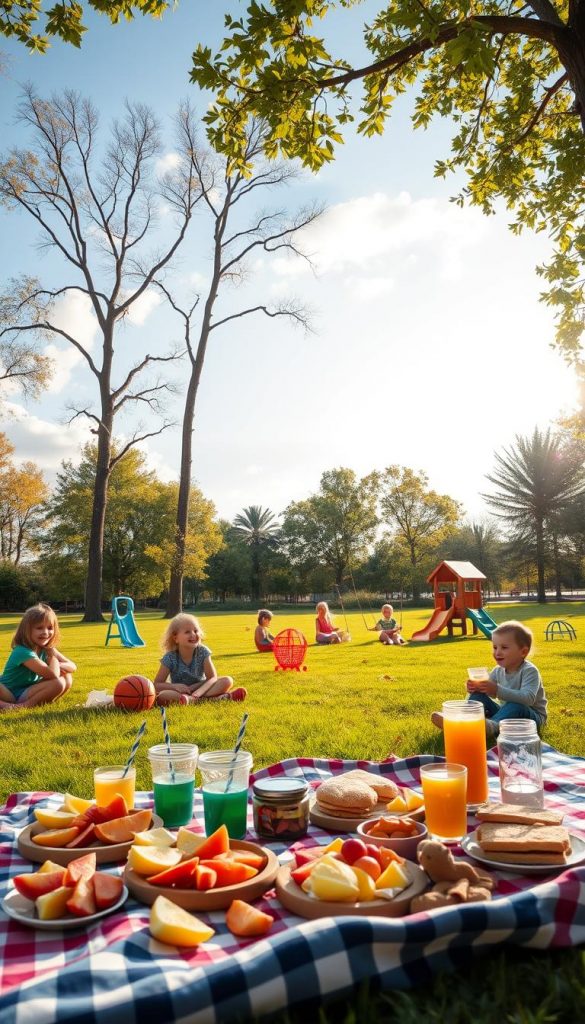 A cozy picnic scene in a vibrant playground, showcasing families enjoying a budget-friendly day out. In the foreground, a checkered blanket sprawls with an array of colorful, homemade snacks like fruit slices, sandwiches, and refreshing drinks. Nearby, children play joyfully on swings and slides, their laughter echoing in the air. The middle ground features a beautiful green lawn dotted with playful toys and small picnic setups. In the background, tall trees bask in warm sunlight, their leaves gently rustling, and blue sky with soft, fluffy clouds complete the serene atmosphere. The image has a soft, natural lighting effect evoking a sense of warmth and togetherness. Capture the Pinterest-worthy aesthetic, inspired by "KlickKiste," that feels both authentic and inviting.