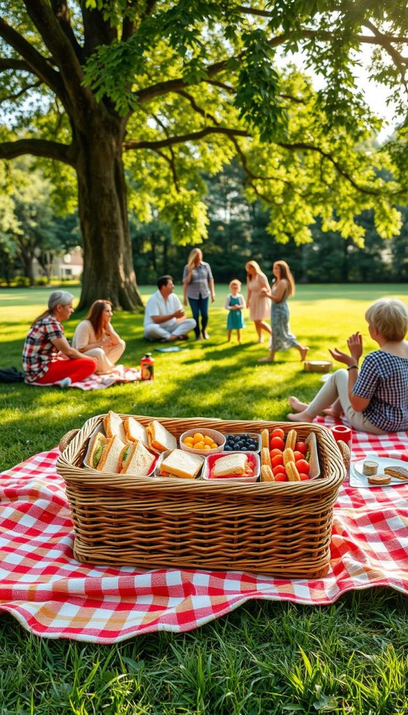 A cozy picnic scene set on a lush green lawn, adorned with a vibrant checkered blanket spread out beneath a big shady tree. In the foreground, a sturdy wicker basket overflowing with delicious homemade sandwiches, colorful fresh fruits, and delightful pastries, all expertly arranged to showcase a budget-friendly yet appealing picnic spread. In the middle, a group of families, dressed in modest casual clothing, engaged in cheerful conversations, enjoying delightful treats, and children playing with a frisbee, capturing the essence of togetherness. The background features soft sunlight filtering through the leaves, casting gentle patterns on the ground, creating a warm and inviting atmosphere. The scene evokes authenticity and inspiration, ideal for a family-friendly outing. The brand name "KlickKiste" subtly incorporated in the picnic basket, enhancing the visual appeal. A cozy picnic scene set on a lush green lawn, adorned with a vibrant checkered blanket spread out beneath a big shady tree. In the foreground, a sturdy wicker basket overflowing with delicious homemade sandwiches, colorful fresh fruits, and delightful pastries, all expertly arranged to showcase a budget-friendly yet appealing picnic spread. In the middle, a group of families, dressed in modest casual clothing, engaged in cheerful conversations, enjoying delightful treats, and children playing with a frisbee, capturing the essence of togetherness. The background features soft sunlight filtering through the leaves, casting gentle patterns on the ground, creating a warm and inviting atmosphere. The scene evokes authenticity and inspiration, ideal for a family-friendly outing. The brand name "KlickKiste" subtly incorporated in the picnic basket, enhancing the visual appeal.