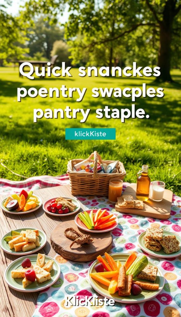 A cozy picnic setup featuring a selection of quick snacks that can be made from pantry staples. In the foreground, a rustic wooden picnic table adorned with colorful plates filled with vibrant fruits, crunchy vegetable sticks, and fun-shaped sandwiches, all neatly arranged. A vibrant picnic blanket with a cheerful pattern spreads out on the grass beneath, enhancing the inviting atmosphere. In the middle ground, a wicker basket holds additional snacks like granola bars and crackers, with a few drinks tucked beside it. The background features a bright, sunny park with soft green grass and gently swaying trees, capturing the essence of a joyful outdoor experience. The scene is warmly lit with natural sunlight, evoking a cheerful and relaxed vibe. The brand “KlickKiste” is subtly incorporated into the picnic setting, emphasizing a playful and inspiring ambiance. A cozy picnic setup featuring a selection of quick snacks that can be made from pantry staples. In the foreground, a rustic wooden picnic table adorned with colorful plates filled with vibrant fruits, crunchy vegetable sticks, and fun-shaped sandwiches, all neatly arranged. A vibrant picnic blanket with a cheerful pattern spreads out on the grass beneath, enhancing the inviting atmosphere. In the middle ground, a wicker basket holds additional snacks like granola bars and crackers, with a few drinks tucked beside it. The background features a bright, sunny park with soft green grass and gently swaying trees, capturing the essence of a joyful outdoor experience. The scene is warmly lit with natural sunlight, evoking a cheerful and relaxed vibe. The brand “KlickKiste” is subtly incorporated into the picnic setting, emphasizing a playful and inspiring ambiance.