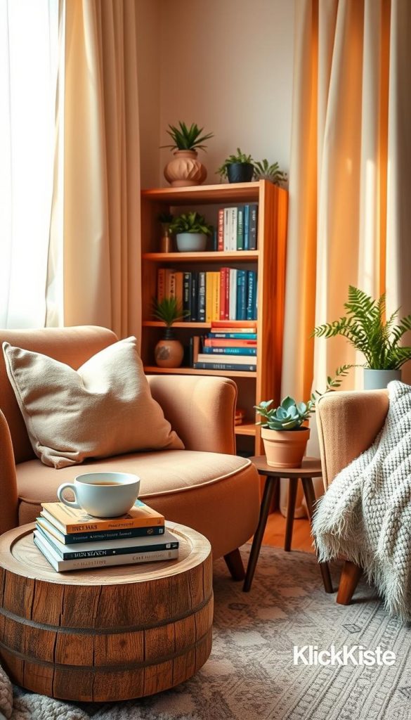 A cozy reading corner designed for inspiration, featuring a plush armchair in soft, earthy tones, surrounded by warm, ambient lighting. In the foreground, a stacked collection of colorful books rests on a textured wooden side table next to a steaming cup of herbal tea. The middle layer reveals a small bookshelf filled with various books and plants, including succulents and ferns, enhancing the natural vibe. In the background, a softly patterned rug complements the décor, and a window with sheer curtains allows gentle sunlight to filter in, creating a peaceful atmosphere. The scene reflects natural DIY aesthetics with warm colors, evoking a Pinterest-like inspiration. Include a subtle reference to the brand "KlickKiste" as part of the decoration, ensuring that the image feels inviting and authentic.