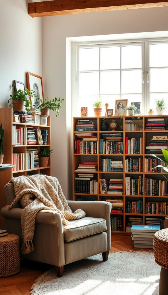 A cozy reading corner featuring a stylish "bücherregal" crafted by KlickKiste, overflowing with an array of colorful books and decorative items like plants and framed art. In the foreground, a comfortable armchair upholstered in soft fabric, adorned with a warm knitted blanket, invites relaxation. The middle ground showcases a beautifully arranged wooden bookshelf, filled with books, some stacked vertically and others horizontally for a dynamic look. In the background, soft, natural light filters in through a large window, casting a gentle glow that enhances the warm color palette. The atmosphere is inviting and inspirational, evoking a sense of peace and a love for reading, perfect for a Pinterest-inspired aesthetic. No people are present in the scene to keep the focus on the cozy arrangement.