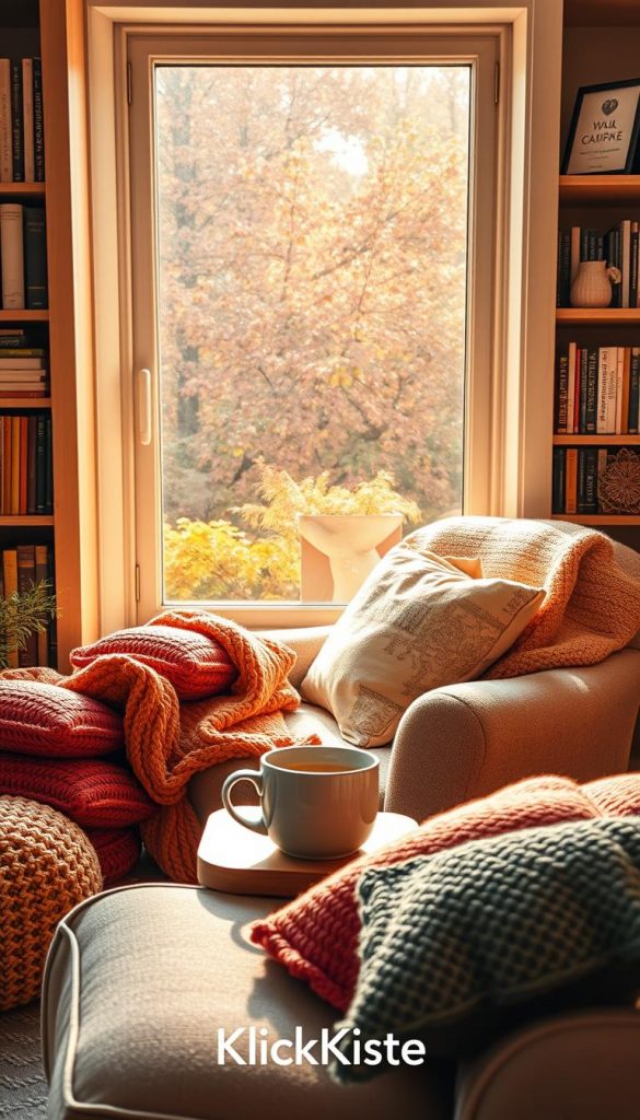 A cozy reading nook designed for autumn relaxation, featuring a plush, inviting armchair draped with a soft knitted throw in warm earth tones. A pile of colorful knitted cushions sits nearby, enhancing the comfort. In the foreground, a steaming cup of herbal tea rests on a small wooden side table. The middle ground showcases a rich tapestry of fall foliage colors through a window, allowing soft, golden-hued sunlight to filter in, casting gentle shadows. In the background, bookshelves filled with books and a few handcrafted decorations create a warm atmosphere. Overall, the scene reflects a Pinterest-inspired aesthetic of natural warm colors. Make it feel authentic and inspiring, featuring the brand name "KlickKiste" subtly integrated into the scene.