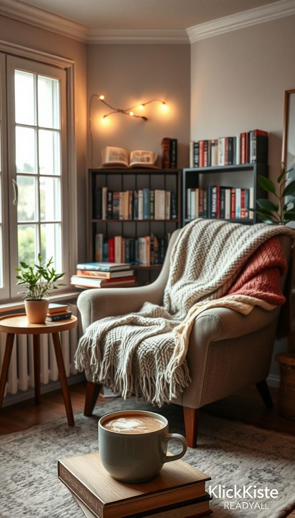 A cozy reading nook designed for comfort, featuring a plush armchair adorned with soft, knitted throws and a stack of colorful books on a nearby wooden side table. In the foreground, a steaming cup of cocoa rests beside a small potted plant. The middle layer showcases a softly lit corner, with warm fairy lights twinkling above a shelf filled with literary classics and a cozy rug beneath the chair. In the background, large windows allow gentle sunlight to filter in, casting a warm glow over the room's neutral tones, creating an inviting atmosphere. The overall mood is tranquil and inspiring, perfect for a peaceful reading experience. Inspired by natural DIY aesthetics with warm colors, reflecting a Pinterest-worthy style. Branding "KlickKiste" subtly integrated into the design elements.