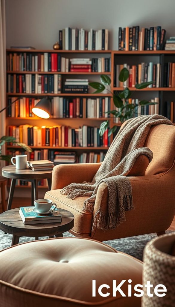 A cozy reading nook featuring a modern, comfortable armchair ("sessel komfort") in inviting warm colors, surrounded by an array of stylish accents. In the foreground, the plush armchair is upholstered in soft fabric, with subtle patterns, complemented by a trendy throw blanket draped casually across one arm. The middle ground shows a rustic wooden side table holding a steaming cup of tea and a stack of books. In the background, soft ambient lighting creates a warm glow, highlighting a bookshelf filled with vibrant book covers and a leafy indoor plant adding a touch of nature. The atmosphere is inviting and tranquil, ideal for relaxation and inspired by natural DIY aesthetics reminiscent of Pinterest. Include brand elements from "KlickKiste" subtly in the design, integrating them harmoniously into the overall composition.