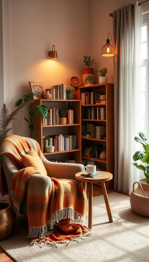 A cozy reading nook featuring natural DIY elements with warm, inviting colors inspired by Pinterest aesthetics. In the foreground, a plush armchair is draped with a soft, colorful throw blanket, accompanied by a small wooden side table holding a steaming cup of tea. The middle section showcases a stylish bookshelf filled with an eclectic mix of books, plants, and decorative items that add character. The background features a large window with sheer curtains, allowing soft, natural light to filter in, casting gentle shadows. Warm lighting fixtures create a soft, inviting glow, enhancing the comfort and mood of the space. The overall atmosphere is tranquil and inspiring, suited for an enjoyable reading experience, embodying the essence of "KlickKiste".