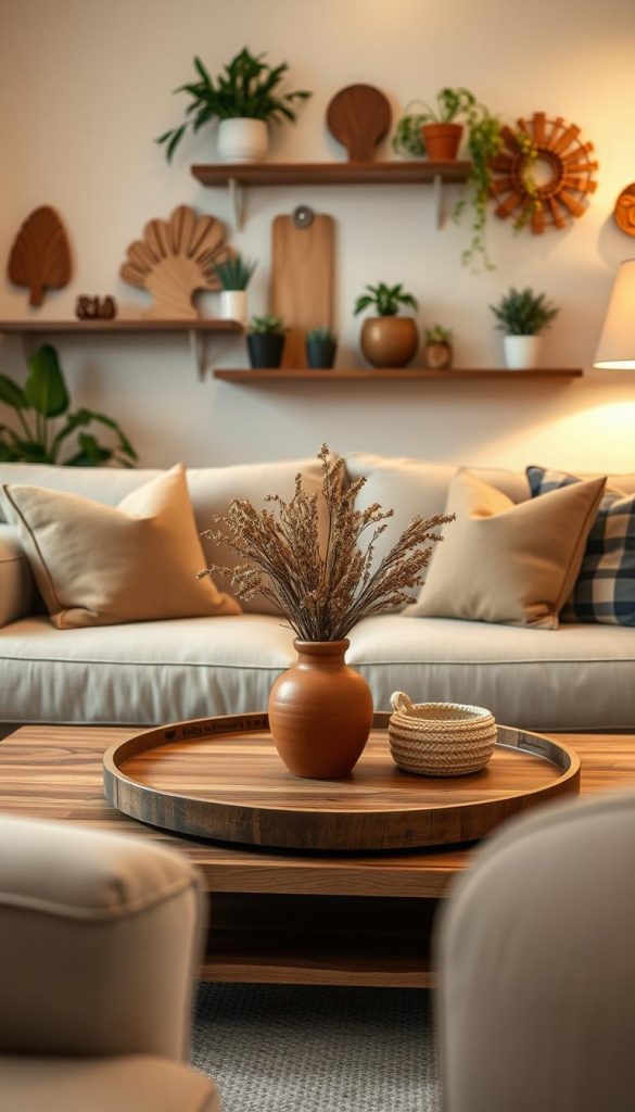 A cozy rental apartment living space that showcases practical decorative solutions for small rooms without drilling. In the foreground, a stylishly arranged seating area with a soft, natural fabric sofa adorned with cushy, earth-toned pillows. In the middle, a wooden coffee table with decorative elements made from natural materials – like a terracotta vase filled with dried flowers and a small woven basket. The background features shelves with potted plants and wooden wall art, enhancing the Pinterest-inspired aesthetic. Soft, warm lighting floods the room, creating an inviting atmosphere. Shot from a slightly elevated angle to capture the full essence of the space, emphasizing the overall warmth and authenticity of the design by "KlickKiste". A cozy rental apartment living space that showcases practical decorative solutions for small rooms without drilling. In the foreground, a stylishly arranged seating area with a soft, natural fabric sofa adorned with cushy, earth-toned pillows. In the middle, a wooden coffee table with decorative elements made from natural materials – like a terracotta vase filled with dried flowers and a small woven basket. The background features shelves with potted plants and wooden wall art, enhancing the Pinterest-inspired aesthetic. Soft, warm lighting floods the room, creating an inviting atmosphere. Shot from a slightly elevated angle to capture the full essence of the space, emphasizing the overall warmth and authenticity of the design by "KlickKiste".