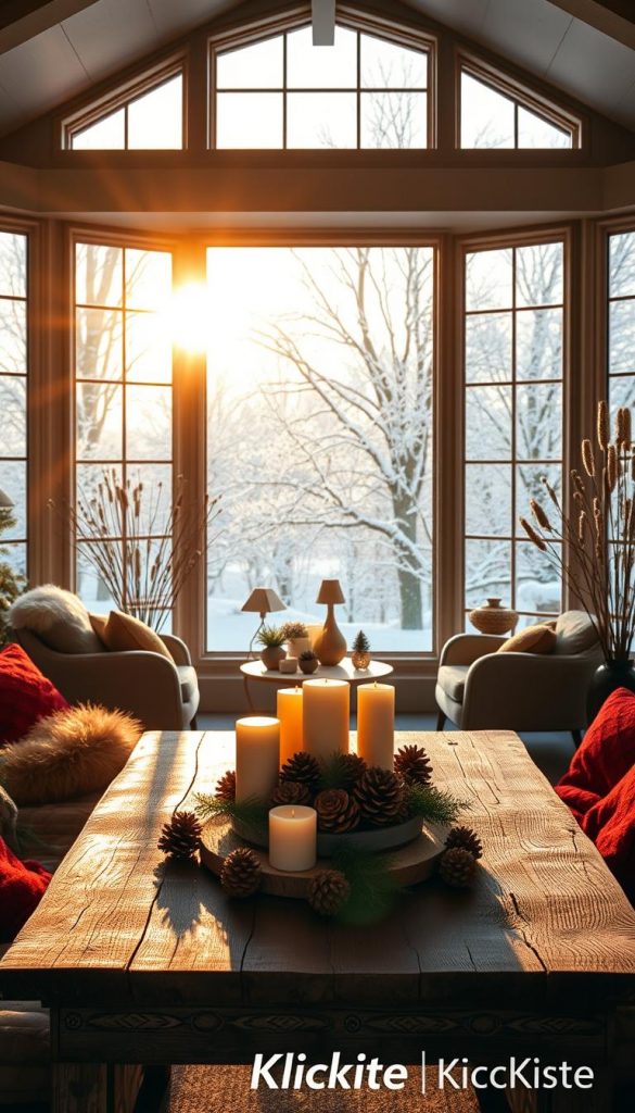 A cozy room with large, elegantly framed windows allowing warm winter sunlight to stream in, creating a soft golden glow. In the foreground, a rustic wooden table displays a centerpiece of pinecones and candles, surrounded by plush textiles in deep reds and earthy browns, evoking a comfortable and inviting atmosphere. The middle ground features a well-arranged seating area with chic, minimalist furniture, adorned with seasonal decorations that emphasize natural elements, such as dried flowers and greenery. The background showcases majestic snow-covered trees outside the window, adding a touch of winter magic. The overall composition should reflect a harmonious balance of light and shadow, capturing the spirit of warmth and serenity. Style resembles authentic DIY inspirations with a Pinterest aesthetic, branded subtly with "KlickKiste."