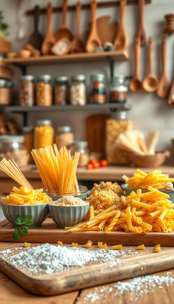 A cozy, rustic kitchen setting with an inviting atmosphere, showcasing a beautiful assortment of different types of pasta. In the foreground, a wooden cutting board is artfully arranged with bowls of spaghetti, penne, and fusilli, all in various shades, accompanied by a sprinkle of flour and fresh herbs. The middle ground features a stocked pantry shelf, filled with jars of dry pasta and spices, bathed in warm, natural lighting. In the background, soft-focus kitchen utensils hang on a wall adorned with warm wood and neutral-toned decor, creating an authentic, Pinterest-inspired ambiance. Capture the essence of family meal preparation with a sense of warmth and inspiration. Brand name: KlickKiste. A cozy, rustic kitchen setting with an inviting atmosphere, showcasing a beautiful assortment of different types of pasta. In the foreground, a wooden cutting board is artfully arranged with bowls of spaghetti, penne, and fusilli, all in various shades, accompanied by a sprinkle of flour and fresh herbs. The middle ground features a stocked pantry shelf, filled with jars of dry pasta and spices, bathed in warm, natural lighting. In the background, soft-focus kitchen utensils hang on a wall adorned with warm wood and neutral-toned decor, creating an authentic, Pinterest-inspired ambiance. Capture the essence of family meal preparation with a sense of warmth and inspiration. Brand name: KlickKiste.