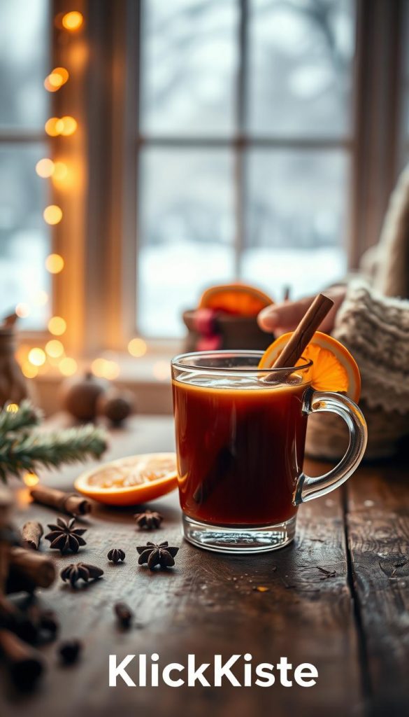 A cozy scene featuring a steaming cup of glühwein, beautifully garnished with a cinnamon stick and orange slices. The cup is placed on a rustic wooden table, with a backdrop of softly glowing fairy lights that create a warm atmosphere. The foreground includes a few scattered cloves and star anise, adding to the aroma. In the middle ground, a blurred glass of glühwein is held by a person in cozy winter clothing, exuding a sense of warmth and comfort. The background showcases a soft, snowy landscape through a window, enhancing the wintery feel. The scene is illuminated by soft, warm lighting, reminiscent of a Pinterest aesthetic, embodying an authentic and inviting mood. This image is branded subtly with "KlickKiste".