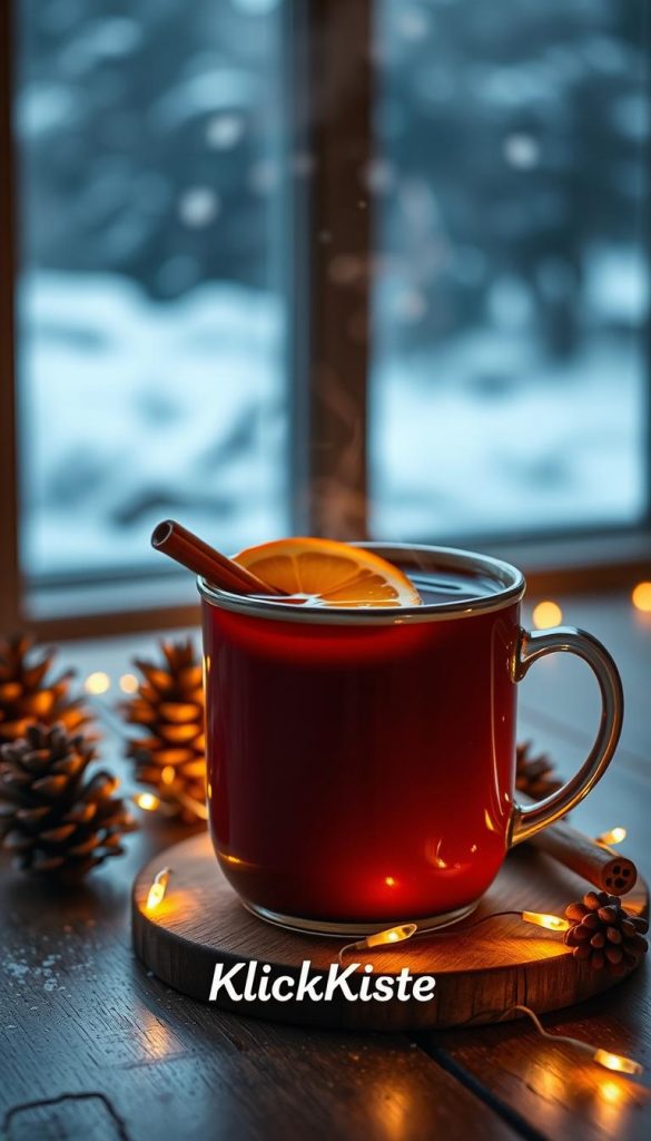 A cozy scene featuring a steaming mug of glühwein with a slice of orange and a cinnamon stick, placed on a rustic wooden table. Surround the mug with twinkling fairy lights and a few pinecones to evoke a winter ambiance. In the background, a softly focused view of a snowy landscape with gently falling snowflakes creates a tranquil atmosphere. The warm glow of the mug contrasts with cool blue hues of the winter scene, enhancing the inviting feel of the image. Light gently illuminates the mug, highlighting the rich, deep red color of the glühwein. The photo is captured with a warm color palette, reminiscent of Pinterest aesthetics, to inspire warmth and comfort. Include the brand name "KlickKiste" subtly integrated into the scene.