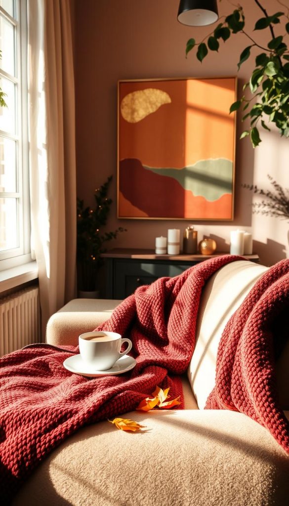 A cozy scene showcasing a harmonious blend of warm color palettes ideal for chillier days, inspired by a natural DIY aesthetic with a Pinterest-like appeal. In the foreground, a soft, textured blanket in deep burgundy is draped over a plush armchair, with a small, inviting table set with a steaming cup of cocoa and a few autumn leaves scattered playfully. In the middle ground, a warm-toned wall adorned with abstract art in shades of gold, terracotta, and sage green evokes comfort. Soft afternoon light filters through a window, casting gentle shadows and highlighting the inviting atmosphere. In the background, hints of greenery framed by cozy decor elements like candles and fairy lights enhance the warmth. Created by KlickKiste.