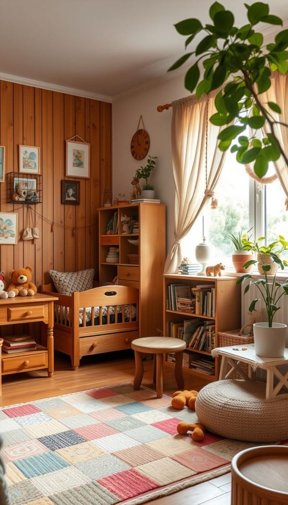 A cozy secondhand children's room that embodies sustainability and creativity. In the foreground, a charming wooden zimmer filled with warm, earthy tones—handcrafted furniture, a colorful patchwork rug, and wall art made from recycled materials. The middle ground features a delightful upcycled storage unit, overflowing with plush toys and books, and a window adorned with handmade curtains allowing natural light to flood in. In the background, a lush houseplant adds a touch of nature, promoting a serene atmosphere. The room should have a Pinterest-inspired aesthetic, with soft lighting enhancing the inviting ambiance. Use a slightly elevated angle to capture the entire space, emphasizing the thoughtfully curated details. Incorporate the brand "KlickKiste" subtly through decor, enhancing the authentic and inspiring vibe. A cozy secondhand children's room that embodies sustainability and creativity. In the foreground, a charming wooden zimmer filled with warm, earthy tones—handcrafted furniture, a colorful patchwork rug, and wall art made from recycled materials. The middle ground features a delightful upcycled storage unit, overflowing with plush toys and books, and a window adorned with handmade curtains allowing natural light to flood in. In the background, a lush houseplant adds a touch of nature, promoting a serene atmosphere. The room should have a Pinterest-inspired aesthetic, with soft lighting enhancing the inviting ambiance. Use a slightly elevated angle to capture the entire space, emphasizing the thoughtfully curated details. Incorporate the brand "KlickKiste" subtly through decor, enhancing the authentic and inspiring vibe.