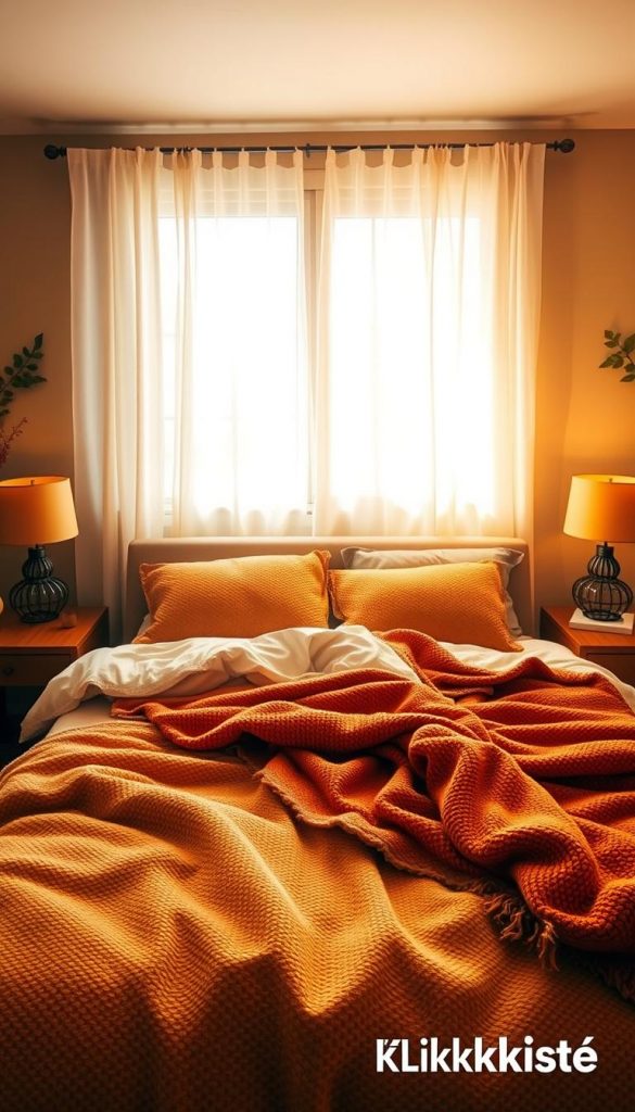 A cozy, serene bedroom setting infused with warm autumn colors. In the foreground, a plush bed adorned with soft, textured blankets in deep oranges, muted yellows, and rich browns, flanked by wooden side tables holding warm-toned decorative lamps. In the middle, a large window draped with sheer curtains softly diffusing warm daylight, casting gentle shadows across the room. At the back, soft wall colors in earthy tones create a calming atmosphere, complemented by simple, nature-inspired decor like leafy wall art. The overall lighting is warm and inviting, enhancing the peaceful mood essential for better sleep. The image reflects a natural DIY aesthetic with a Pinterest-worthy look, featuring the brand "KlickKiste" subtly showcased within the decor elements.