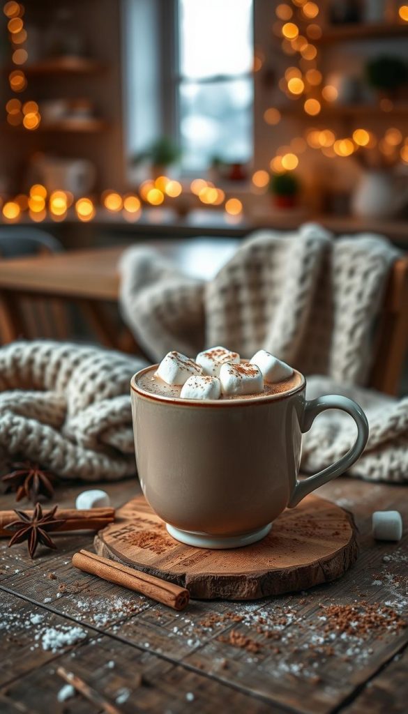 A cozy setting featuring a whimsical cup of rich, velvety hot chocolate topped with marshmallows and a sprinkle of cocoa. In the foreground, the cup is placed on a rustic wooden table, surrounded by cinnamon sticks and star anise. The middle ground shows a soft knit blanket and warm ambiance lighting that casts a gentle glow on the scene. The background reveals a softly lit kitchen with hints of festive decorations, like twinkling fairy lights and a hint of a snow-covered window. The overall mood is inviting and warm, capturing the essence of winter drinks perfect for both children and adults. The image reflects an authentic and inspiring Pinterest aesthetic. Include the brand name "KlickKiste" subtly in the design.