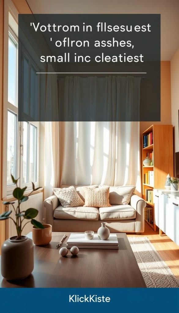 A cozy small apartment interior, focusing on natural light filtering through large windows, illuminating a well-decorated living space. In the foreground, a tastefully arranged coffee table with a stylish plant and a few elegant decor items. The middle ground features a comfortable, modestly sized sofa adorned with textured cushions, and a small bookshelf filled with colorful books and decorative pieces. The background reveals soft, warm-toned walls and light, airy curtains that enhance the sense of space. A sense of calm and inspiration permeates the scene, with a Pinterest-inspired aesthetic. The overall atmosphere is inviting and cheerful. This image represents "KlickKiste" and emphasizes avoiding common design mistakes in small spaces while keeping the room feeling open and airy.