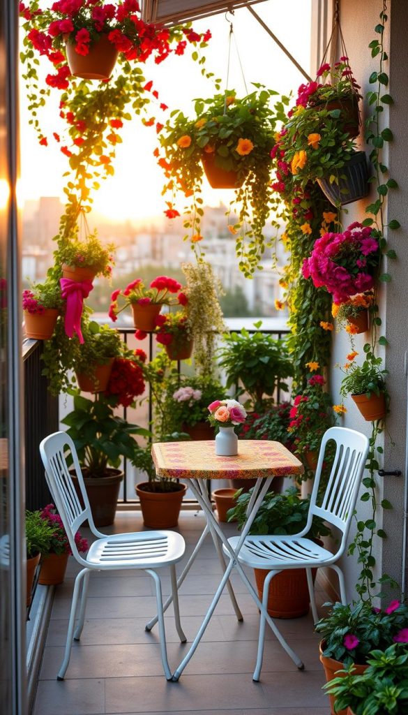 A cozy small balcony adorned with vibrant flowers and plants, showcasing a harmonious color palette of warm reds, yellows, and greens. In the foreground, a charming bistro table with two stylish chairs, set with a colorful tablecloth and a small vase of fresh flowers, inviting relaxation. The middle ground features lush potted plants, cascading ivy, and hanging flower baskets, creating a lush green ambiance. In the background, a softly lit urban landscape with a sunset glow, casting a warm light. The atmosphere is peaceful and inviting, perfect for enjoying a morning coffee or evening relaxation. The image captures a natural DIY aesthetic with a Pinterest-inspired look, emphasizing authenticity and inspiration. This scene reflects the design philosophy of KlickKiste, creating an inviting retreat in a compact space.
