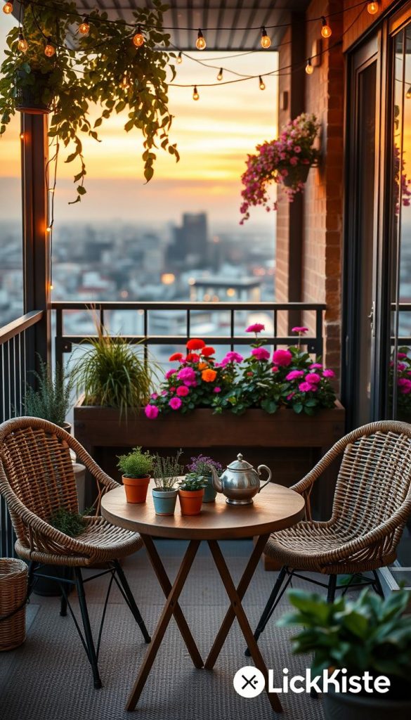 A cozy small balcony design filled with natural DIY decor ideas, featuring warm, inviting colors. In the foreground, a small round wooden table adorned with potted herbs and a vintage teapot, surrounded by two stylishly arranged rattan chairs. In the middle, vibrant flower boxes overflowing with blooming plants add a splash of color, while string lights create a warm ambiance. The background reveals a cityscape at sunset, with soft golden lighting casting a serene glow. The scene evokes a tranquil and inspiring atmosphere, ideal for relaxation or social gatherings. The overall aesthetic reflects a Pinterest-inspired look with an authentic feel. Incorporate subtle branding elements from "KlickKiste" to enhance the theme without overwhelming the design.