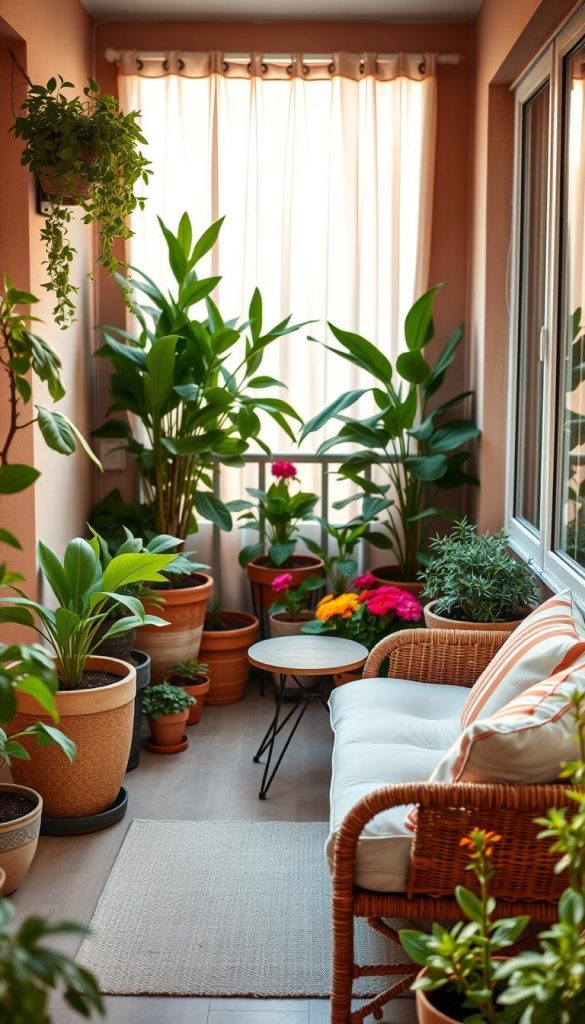 A cozy small balcony designed with a natural DIY aesthetic in warm colors, featuring tasteful decor and plant arrangements. In the foreground, showcase a small, chic seating area with comfortable cushions and a small table, free of clutter. The middle ground captures a variety of potted plants with rich green hues and a few colorful flowers, arranged thoughtfully to avoid overcrowding. In the background, soft, natural light filters through a gentle curtain, enhancing the inviting atmosphere. The scene should evoke a sense of tranquility and balance, demonstrating how to avoid overcrowding, overly bright colors, and dark corners. The overall style should reflect a Pinterest-worthy look, authentic and inspiring, showcasing ideas from "KlickKiste."