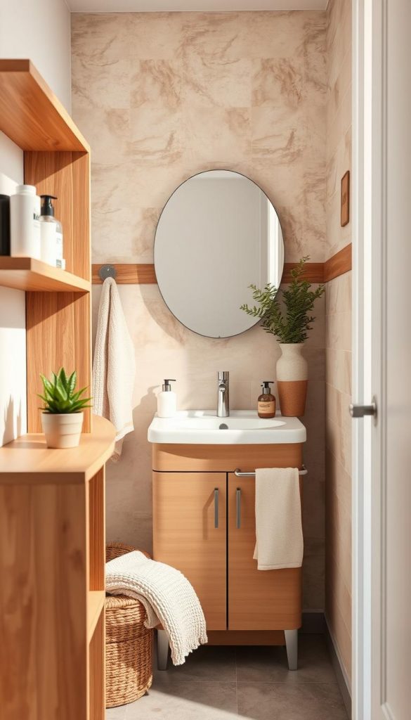 A cozy small bathroom design featuring natural materials, showcasing smart, drill-free decor solutions. The foreground includes a stylish wooden shelf with well-organized toiletries, a small potted plant for a touch of greenery, and a soft, textured towel hung elegantly. In the middle, a compact sink unit with an elegant mirror surrounded by subtle wooden accents reflects a modern yet warm aesthetic. The background reveals a light-toned tile wall with earthy color accents, creating an inviting atmosphere. Soft, natural lighting enhances the warm colors, emulating a Pinterest-style inspiration. Capture this scene using a slightly elevated angle to provide a comprehensive view, ensuring an authentic and inspirational vibe for readers. Incorporate elements that resonate with the brand KlickKiste, showcasing the potential of small spaces in a stylish and practical way.