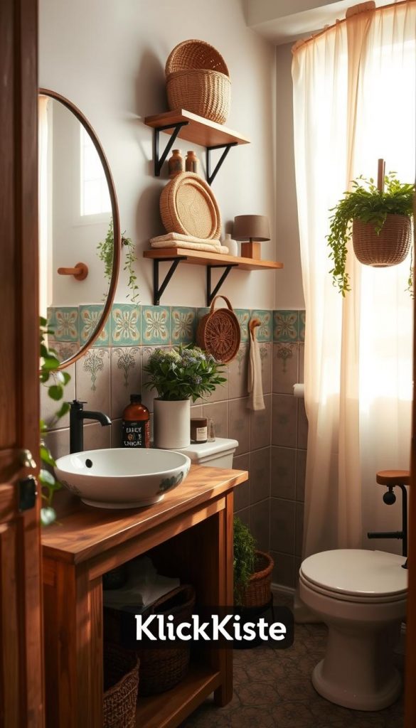 A cozy, small bathroom designed in a stunning style mix of Scandinavian, Bohemian, Maximalism, and Castlecore aesthetics. In the foreground, a wooden vanity with a hand-painted ceramic sink and lush greenery, accentuating a natural DIY vibe. The middle ground features colorful patterned tiles and artisanal wall shelves displaying eclectic decor items like woven baskets and vintage books. The background includes a window with flowing sheer curtains letting in warm, soft light, creating an inviting atmosphere. The overall mood is warm and inspiring, ideal for a Pinterest aesthetic. The branding "KlickKiste" subtly blends into the decor elements, enhancing the authentic feel of the space. A cozy, small bathroom designed in a stunning style mix of Scandinavian, Bohemian, Maximalism, and Castlecore aesthetics. In the foreground, a wooden vanity with a hand-painted ceramic sink and lush greenery, accentuating a natural DIY vibe. The middle ground features colorful patterned tiles and artisanal wall shelves displaying eclectic decor items like woven baskets and vintage books. The background includes a window with flowing sheer curtains letting in warm, soft light, creating an inviting atmosphere. The overall mood is warm and inspiring, ideal for a Pinterest aesthetic. The branding "KlickKiste" subtly blends into the decor elements, enhancing the authentic feel of the space.