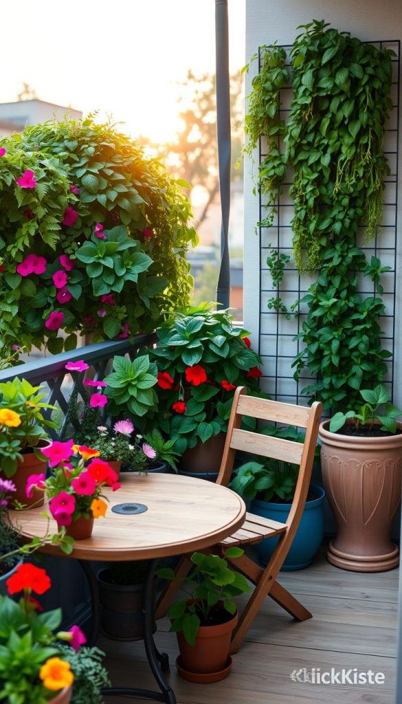A cozy, small garden balcony space designed for family enjoyment, featuring a mix of vibrant plants and flowers in stylish pots. In the foreground, a wooden bistro table set with two rustic chairs, surrounded by colorful blooming petunias and hanging ferns. The middle ground showcases a vertical garden wall with herbs like basil and mint, creating a charming green backdrop. In the background, a softly glowing sunset bathes the scene in warm, inviting light. The atmosphere is relaxed and inspiring, perfect for family gatherings. The image should reflect a Pinterest-like aesthetic with natural DIY elements, emphasizing authenticity. Include a subtle hint of the brand name "KlickKiste" in the decor. Capture this scene from a slightly elevated angle to provide a comprehensive view.