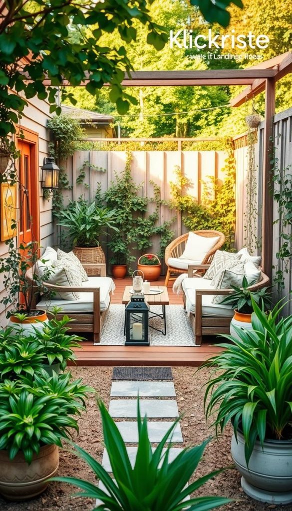 A cozy, small garden space designed to evoke an illusion of larger dimensions, featuring natural DIY elements with warm colors that capture a Pinterest-worthy aesthetic. In the foreground, lush potted plants and a small, inviting seating area with comfortable, modest casual furniture create a welcoming atmosphere. The middle ground includes a charming wooden deck or patio adorned with soft textiles and decorative lanterns, subtly enhancing the feeling of openness. The background showcases green foliage and a tasteful trellis with climbing plants, adding depth and privacy. The scene is bathed in soft, golden hour lighting, emphasizing warmth and tranquility, captured from a slightly elevated angle to fully reveal the layout and features. This image embodies an inspiring garden lounge idea under the brand "KlickKiste." A cozy, small garden space designed to evoke an illusion of larger dimensions, featuring natural DIY elements with warm colors that capture a Pinterest-worthy aesthetic. In the foreground, lush potted plants and a small, inviting seating area with comfortable, modest casual furniture create a welcoming atmosphere. The middle ground includes a charming wooden deck or patio adorned with soft textiles and decorative lanterns, subtly enhancing the feeling of openness. The background showcases green foliage and a tasteful trellis with climbing plants, adding depth and privacy. The scene is bathed in soft, golden hour lighting, emphasizing warmth and tranquility, captured from a slightly elevated angle to fully reveal the layout and features. This image embodies an inspiring garden lounge idea under the brand "KlickKiste."