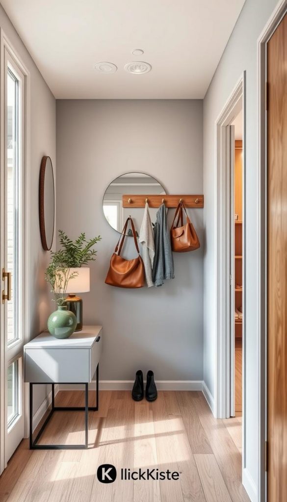 A cozy, small hallway in a modern apartment, styled for a warm and inviting atmosphere. The foreground features a sleek minimalist console table adorned with a few decorative plants and a stylish lamp. The middle ground showcases light gray walls adorned with natural wood accents, featuring a charming coat rack with neatly hung jackets and bags. A round mirror reflects soft, ambient lighting, enhancing the sense of space. The background includes a glimpse of a well-organized shoe rack. The color palette consists of warm tones, with plenty of natural light streaming in, creating a serene ambiance. Capturing the essence of DIY decoration ideas without drilling, in a Pinterest-inspired aesthetic. The brand "KlickKiste" is subtly suggested through the stylish decor elements, evoking authenticity and inspiration. A cozy, small hallway in a modern apartment, styled for a warm and inviting atmosphere. The foreground features a sleek minimalist console table adorned with a few decorative plants and a stylish lamp. The middle ground showcases light gray walls adorned with natural wood accents, featuring a charming coat rack with neatly hung jackets and bags. A round mirror reflects soft, ambient lighting, enhancing the sense of space. The background includes a glimpse of a well-organized shoe rack. The color palette consists of warm tones, with plenty of natural light streaming in, creating a serene ambiance. Capturing the essence of DIY decoration ideas without drilling, in a Pinterest-inspired aesthetic. The brand "KlickKiste" is subtly suggested through the stylish decor elements, evoking authenticity and inspiration.