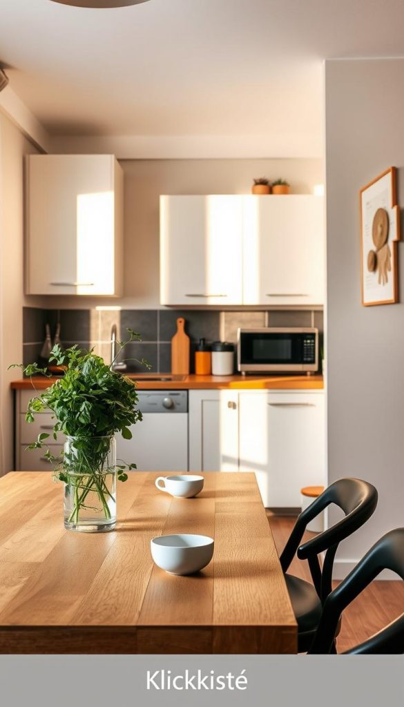 A cozy small kitchen in a rented apartment, designed with modern trends and a smart use of space. The foreground features a wooden table adorned with a vase of fresh herbs and stylish kitchen accessories reflecting a warm, inviting atmosphere. In the middle, there are sleek cabinets with minimalist decor, complemented by soft, natural lighting filtering through a window, casting gentle shadows. The background shows a small but efficient cooking area with contemporary appliances, hinting at a Pinterest-inspired aesthetic. Affixed on one wall is a chic display of art or framed recipe cards, embodying a DIY approach. The overall color palette features warm tones, emphasizing comfort and authenticity. The scene is evocative of inspiration and creativity, underscored by the brand "KlickKiste". A cozy small kitchen in a rented apartment, designed with modern trends and a smart use of space. The foreground features a wooden table adorned with a vase of fresh herbs and stylish kitchen accessories reflecting a warm, inviting atmosphere. In the middle, there are sleek cabinets with minimalist decor, complemented by soft, natural lighting filtering through a window, casting gentle shadows. The background shows a small but efficient cooking area with contemporary appliances, hinting at a Pinterest-inspired aesthetic. Affixed on one wall is a chic display of art or framed recipe cards, embodying a DIY approach. The overall color palette features warm tones, emphasizing comfort and authenticity. The scene is evocative of inspiration and creativity, underscored by the brand "KlickKiste".