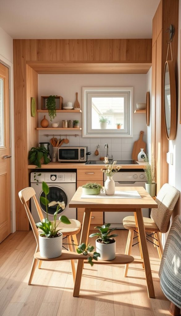 A cozy, small kitchen space ("kleinen raum") designed for flexibility and practicality, featuring a minimalist yet welcoming layout with natural wood accents and warm colors. In the foreground, there&rsquo;s a petite dining table adorned with plants, cooking utensils, and charming DIY d&eacute;cor elements from "KlickKiste." The middle showcases an open kitchenette equipped with essential appliances neatly organized, emphasizing space-saving solutions. In the background, a window lets in soft, natural light, illuminating the room and creating a warm atmosphere. The composition is captured from a slightly elevated angle to highlight the clever use of vertical storage and light colors that make the space feel larger. The overall mood is inviting and inspiring, embodying natural and DIY aesthetics typical of Pinterest.