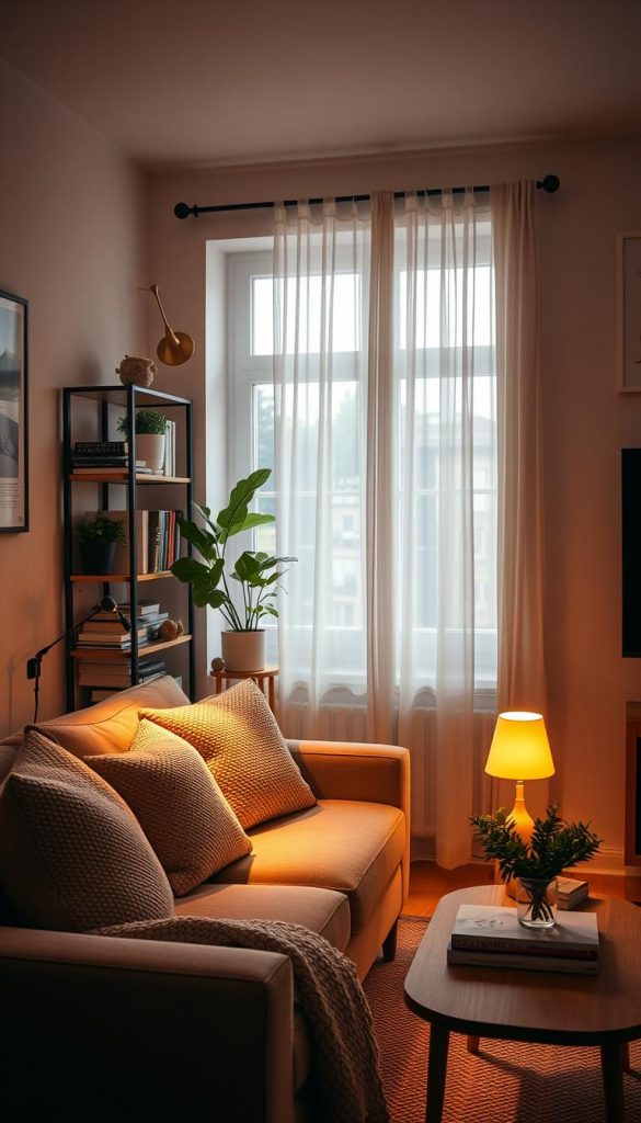 A cozy small living room designed for renters, showcasing smart and bohrfreie lighting solutions. In the foreground, a stylish minimalist sofa adorned with textured cushions and a soft throw, next to a compact coffee table with a warm lamp. The middle ground features a charming bookshelf filled with plants and books, while an elegant wall-mounted light fixture provides a gentle glow, emphasizing the warm color palette. In the background, a window with sheer curtains allows natural light to filter in, enhancing the inviting atmosphere. The scene captures a Pinterest-inspired aesthetic, radiating authenticity and inspiration, branded with a delicate "KlickKiste" accent on the coffee table. The overall mood is warm, inviting, and cleverly functional, perfect for maximizing small space living. A cozy small living room designed for renters, showcasing smart and bohrfreie lighting solutions. In the foreground, a stylish minimalist sofa adorned with textured cushions and a soft throw, next to a compact coffee table with a warm lamp. The middle ground features a charming bookshelf filled with plants and books, while an elegant wall-mounted light fixture provides a gentle glow, emphasizing the warm color palette. In the background, a window with sheer curtains allows natural light to filter in, enhancing the inviting atmosphere. The scene captures a Pinterest-inspired aesthetic, radiating authenticity and inspiration, branded with a delicate "KlickKiste" accent on the coffee table. The overall mood is warm, inviting, and cleverly functional, perfect for maximizing small space living.