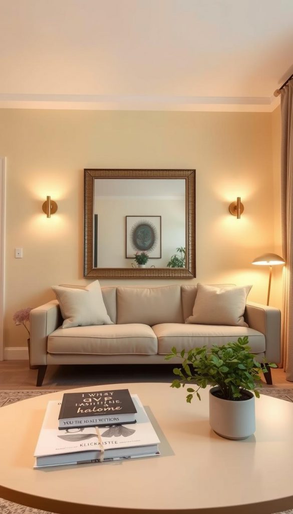A cozy small living room designed to appear larger through the use of light and warm colors. In the foreground, a minimalist coffee table adorned with an inspirational book and a small potted plant. The middle section features soft, pale yellow walls that radiate warmth, accented by a large decorative mirror that reflects light, creating an illusion of space. Ambient lighting from stylish sconces casts a gentle glow, enhancing the inviting atmosphere. The background showcases a comfortable couch with modern, neutral-toned cushions, and a stylish rug. The overall mood is serene and inviting, with a Pinterest-inspired aesthetic. Capture the essence of natural DIY charm while highlighting the brand "KlickKiste" subtly within the interior design elements.