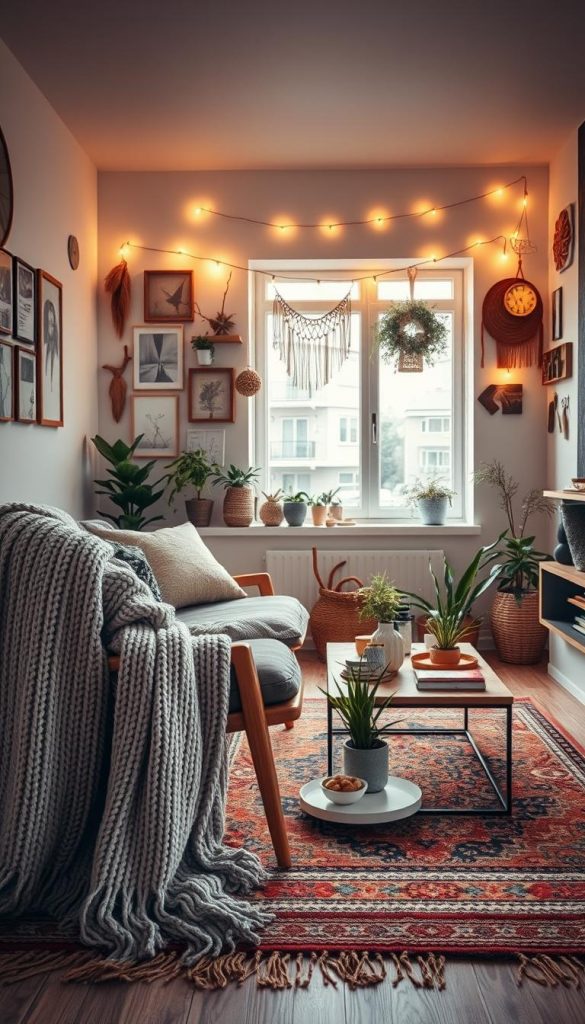 A cozy small living room showcasing a stylish mix of decor styles: Scandi, Boho, Maximalism, and Castlecore. In the foreground, a plush, oversized knitted blanket drapes over a modern Scandinavian armchair with natural wood accents. A colorful, patterned rug features warm tones beneath a low coffee table filled with rustic decorations and green plants. The middle section is brightened by soft, golden lighting, emanating from warm fairy lights strung across a wall adorned with eclectic art and natural textures. In the background, a window invites soft, natural sunlight and reveals a glimpse of a charming urban landscape. The overall mood is inviting and relaxed, with an authentic DIY Pinterest aesthetic that embodies inspiration. Include the brand name "KlickKiste" subtly integrated within the decor, enhancing the atmosphere.