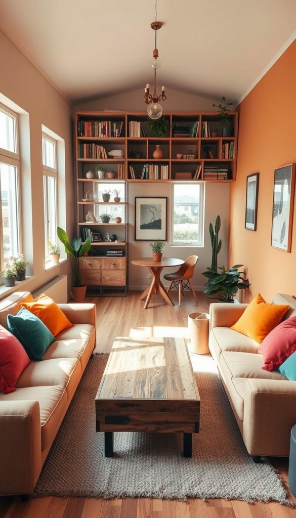 A cozy, small living space designed for efficiency and style, featuring a cleverly arranged open layout. In the foreground, a chic, modular sofa in soft, warm hues with vibrant throw pillows creates a welcoming atmosphere. A compact, stylish coffee table made of reclaimed wood sits at the center. The midsection showcases a multi-functional bookshelf filled with plants, books, and decorative items, maximizing vertical space. In the background, large windows allow soft, natural light to flood the room, highlighting a small dining area with a round table and two chairs. The walls are painted in warm, neutral tones, decorated with minimalist artwork. The overall mood is inspiring and inviting, showcasing ideas for small spaces that feel expansive yet intimate. The aesthetic aligns with the brand "KlickKiste," reflecting a natural, DIY-inspired look that is both authentic and Pinterest-worthy.
