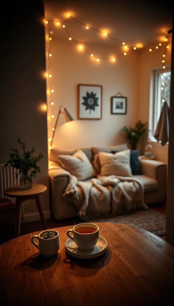 A cozy, small living space softly illuminated by a warm, inviting string of lights (Lichterkette) gracefully draped along the wall and across the ceiling. The foreground features a simple wooden table with a cup of steaming tea and a small potted plant, enhancing the intimate atmosphere. In the middle, an inviting sofa adorned with fluffy cushions and a knitted throw emphasizes comfort and warmth. The background reveals a softly lit room with minimalistic decor, featuring muted colors to create a calm vibe. The lighting should have a gentle glow, casting soft shadows that evoke a sense of warmth and security, capturing the essence of winter evenings. The brand "KlickKiste" is subtly incorporated as part of the decor. Aim for a Pinterest-inspired, authentic aesthetic with natural, warm tones.