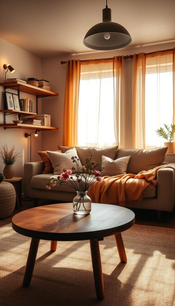 A cozy, small room bathed in natural daylight, featuring warm, inviting colors. In the foreground, a stylish wooden coffee table adorned with a simple vase of fresh flowers. In the middle, a plush sofa with soft, textured pillows, and a lightweight, warm-toned blanket draped casually. Wall-mounted shelves display carefully curated decor items, enhancing the sense of space without overcrowding. The background features large windows with sheer curtains that diffuse daylight, casting gentle shadows on the walls. Warm, layered lighting fixtures, including a sleek pendant lamp, provide a soft, ambient glow, enriching the atmosphere. The overall mood is serene and inviting, perfect for a Pinterest-inspired interior. Incorporate elements that evoke a sense of authenticity and inspiration, reflecting the brand "KlickKiste".