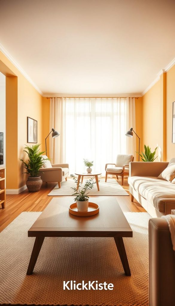 A cozy, small room designed to appear larger, featuring warm, light-colored walls that enhance brightness. In the foreground, a stylish, minimalist wooden coffee table with a decorative plant and a soft, textured rug creates an inviting atmosphere. The middle area displays a subtle, well-organized arrangement of furniture, emphasizing open space without clutter. In the background, light passes through sheer curtains, illuminating the room and casting soft shadows. The ceiling is painted in a lighter shade than the walls, contributing to the airy feel. The overall mood exudes calmness and inspiration, making it a perfect example of thoughtful design. Capture this scene in a warm Pinterest aesthetic, illustrating " Räume größer wirken" with a natural and authentic DIY style. Brand name "KlickKiste" subtly incorporated into the design elements. A cozy, small room designed to appear larger, featuring warm, light-colored walls that enhance brightness. In the foreground, a stylish, minimalist wooden coffee table with a decorative plant and a soft, textured rug creates an inviting atmosphere. The middle area displays a subtle, well-organized arrangement of furniture, emphasizing open space without clutter. In the background, light passes through sheer curtains, illuminating the room and casting soft shadows. The ceiling is painted in a lighter shade than the walls, contributing to the airy feel. The overall mood exudes calmness and inspiration, making it a perfect example of thoughtful design. Capture this scene in a warm Pinterest aesthetic, illustrating " Räume größer wirken" with a natural and authentic DIY style. Brand name "KlickKiste" subtly incorporated into the design elements.