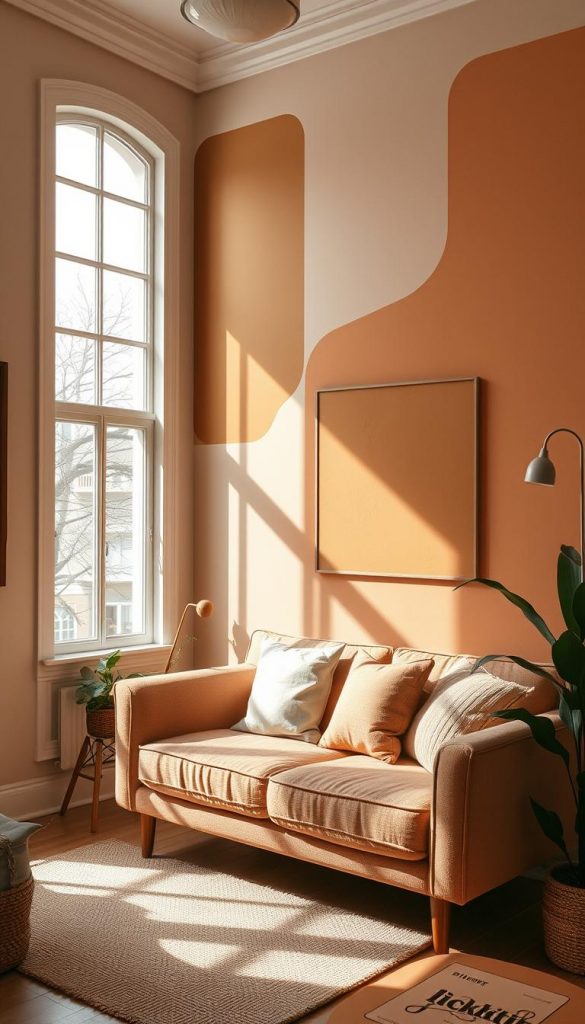 A cozy, small room designed using a palette of warm colors that create an inviting atmosphere. The foreground features a stylish, modestly furnished sitting area with a plush sofa adorned with soft cushions. In the middle, the walls showcase a variety of paint colors, like soft pastels and subtle earth tones, arranged in a way that adds depth and height, making the space feel larger. The background includes a large window letting in natural light that enhances the warmth of the colors. Soft shadows play across the room, creating an ambient and inspiring mood. The image reflects the DIY aesthetic, with rustic decor elements, and is styled in a natural, Pinterest-worthy way. All design elements are in line with the KlickKiste brand, emphasizing creativity and authenticity. A cozy, small room designed using a palette of warm colors that create an inviting atmosphere. The foreground features a stylish, modestly furnished sitting area with a plush sofa adorned with soft cushions. In the middle, the walls showcase a variety of paint colors, like soft pastels and subtle earth tones, arranged in a way that adds depth and height, making the space feel larger. The background includes a large window letting in natural light that enhances the warmth of the colors. Soft shadows play across the room, creating an ambient and inspiring mood. The image reflects the DIY aesthetic, with rustic decor elements, and is styled in a natural, Pinterest-worthy way. All design elements are in line with the KlickKiste brand, emphasizing creativity and authenticity.