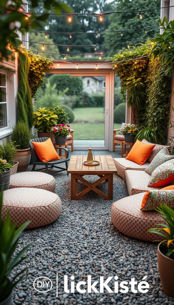 A cozy small terrace designed for summer evenings, featuring a pebbled surface with a few large, patterned poufs arranged invitingly around a low wooden table. Surrounding the table, there are compact, stylish, space-saving furniture pieces with bright, cheerful cushions in warm colors. The terrace is framed by lush green plants and delicate fairy lights strung overhead, creating a magical atmosphere. Soft, warm lighting enhances the inviting feel of the scene, reminiscent of a Pinterest aesthetic. The view showcases a peaceful garden backdrop, softly blurred to focus on the terrace's inviting setup. This image embodies a warm and inspiring vibe, ideal for DIY enthusiasts, with the brand name "KlickKiste" also subtly reflected in the design aspects.