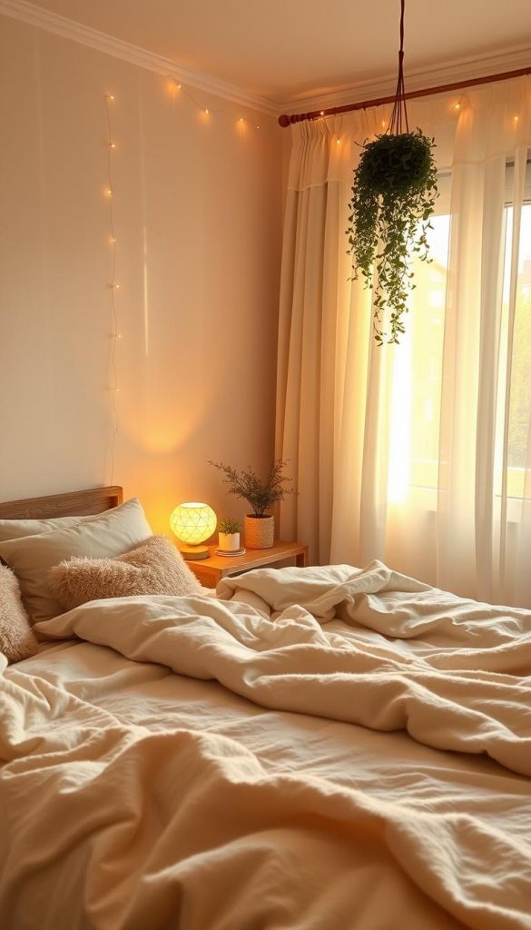 A cozy, softly lit bedroom featuring natural elements and a warm color palette. In the foreground, a neatly made bed draped in plush, light-colored textiles and fluffy cushions sets a tranquil tone. The middle ground showcases a stylish, wooden bedside table with a small potted plant and an inviting lamp emitting gentle light. In the background, soft curtains are drawn open to let in filtered golden sunlight, illuminating the serene space. Incorporate a touch of greenery with a hanging plant, and include delicate fairy lights strung above the bed, enhancing the warm atmosphere. The overall mood is calm and inviting, reflecting the essence of a winter retreat, perfect for relaxation. This scene embodies a "KlickKiste" aesthetic, authentic and inspiring, ideal for a cozy winter theme.
