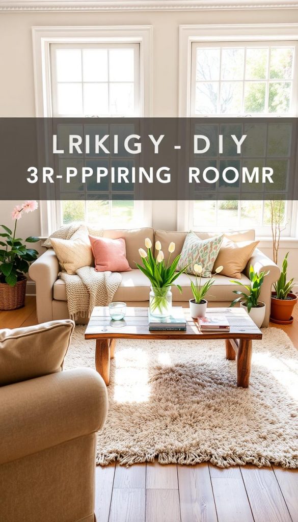 A cozy, spring-inspired living room scene filled with natural light. The foreground features a comfortable, beige sofa adorned with pastel throw pillows and a knitted blanket. A rustic wooden coffee table holds a vase of fresh tulips and a couple of art books. In the middle, a plush area rug lies beneath the seating arrangement, surrounded by potted plants that add greenery and life. The walls are painted in soft pastel colors, enhancing the warm atmosphere. Large windows showcase a sunlit garden view outside, creating a bright and inviting ambiance. The image captures a stylish, DIY aesthetic reminiscent of Pinterest, showcasing a harmonious blend of comfort and charm. The setting is devoid of any distractions, focusing on the beauty of a spring living room designed by KlickKiste. A cozy, spring-inspired living room scene filled with natural light. The foreground features a comfortable, beige sofa adorned with pastel throw pillows and a knitted blanket. A rustic wooden coffee table holds a vase of fresh tulips and a couple of art books. In the middle, a plush area rug lies beneath the seating arrangement, surrounded by potted plants that add greenery and life. The walls are painted in soft pastel colors, enhancing the warm atmosphere. Large windows showcase a sunlit garden view outside, creating a bright and inviting ambiance. The image captures a stylish, DIY aesthetic reminiscent of Pinterest, showcasing a harmonious blend of comfort and charm. The setting is devoid of any distractions, focusing on the beauty of a spring living room designed by KlickKiste.