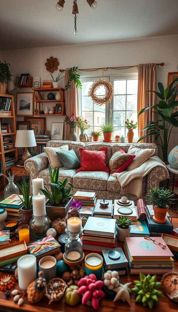 A cozy spring living room filled with an overwhelming amount of decorative elements, showcasing a mix of vibrant colors and textures. In the foreground, a beautifully cluttered coffee table adorned with various decorative items&mdash;candles, plants, colorful books, and handmade crafts. The middle ground features a lush, patterned sofa surrounded by throw pillows and a knit blanket. A large window in the background lets in warm, natural light, casting soft shadows and creating a welcoming atmosphere. Incorporate DIY decor accents with a Pinterest aesthetic, emphasizing authenticity and inspiration. The overall mood should evoke a sense of abundance while subtly highlighting the importance of not overloading decor. Incorporate elements that suggest the brand "KlickKiste." Use a wide-angle lens to capture the space, ensuring a harmonious yet busy feel.