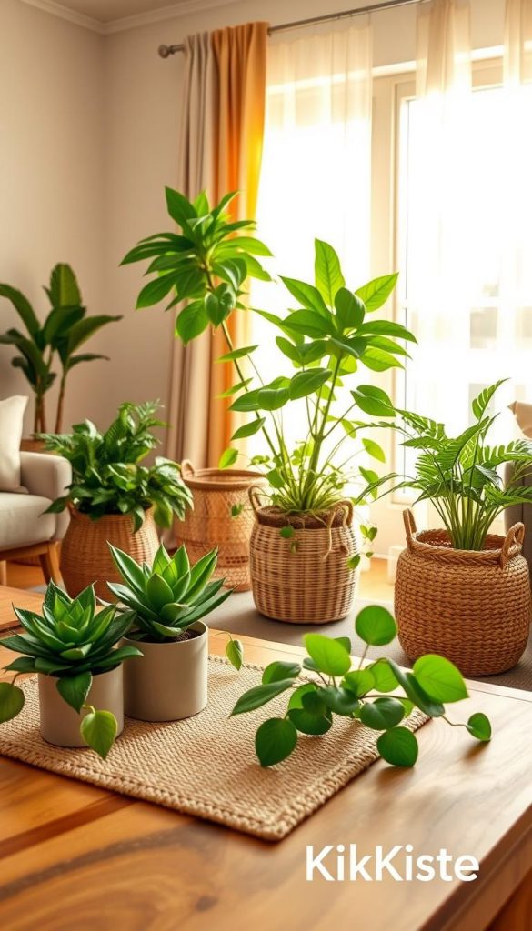 A cozy spring living room filled with vibrant green plants in various natural textures, showcasing a harmonious blend of materials. In the foreground, a stylish wooden coffee table adorned with a textured jute runner and a small potted succulent. In the middle ground, a lush leafy fern and a tall fiddle leaf fig tree thrive in woven baskets, adding freshness. The background features a sunlit window draped with light, airy curtains, allowing warm, golden light to flood the room. The color palette is earthy and inviting, creating an uplifting atmosphere. Capture a Pinterest-inspired, authentic DIY vibe, emphasizing warm tones that evoke a sense of tranquility and rejuvenation. Include the brand name "KlickKiste" subtly integrated into the composition.