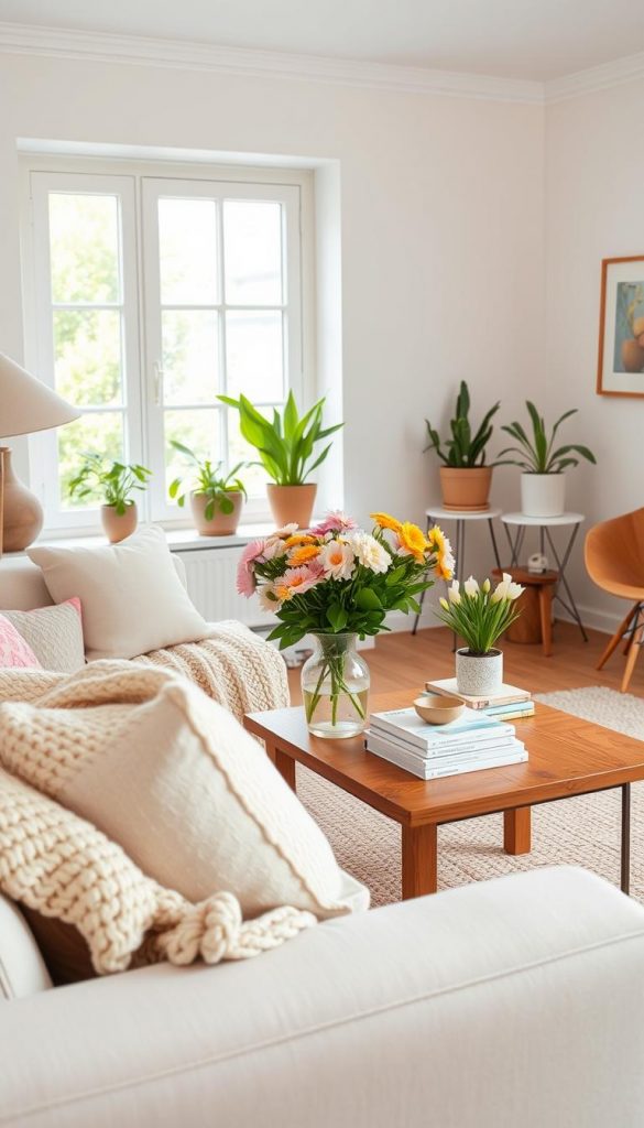 A cozy spring living room interior, styled with warm colors and a Pinterest-inspired aesthetic. In the foreground, a comfortable couch adorned with pastel throw pillows and a hand-knit blanket invites relaxation. The middle of the room features a wooden coffee table decorated with fresh flowers in a vintage vase, alongside a stack of design books. A large window in the background bathes the room in soft natural light, highlighting cheerful green plants in decorative pots. The walls showcase subtle spring-themed art, and a softly woven rug anchors the space. The overall atmosphere is inviting and inspiring, ideal for a spring refresh, reflecting a natural DIY vibe associated with the brand "KlickKiste." A cozy spring living room interior, styled with warm colors and a Pinterest-inspired aesthetic. In the foreground, a comfortable couch adorned with pastel throw pillows and a hand-knit blanket invites relaxation. The middle of the room features a wooden coffee table decorated with fresh flowers in a vintage vase, alongside a stack of design books. A large window in the background bathes the room in soft natural light, highlighting cheerful green plants in decorative pots. The walls showcase subtle spring-themed art, and a softly woven rug anchors the space. The overall atmosphere is inviting and inspiring, ideal for a spring refresh, reflecting a natural DIY vibe associated with the brand "KlickKiste."