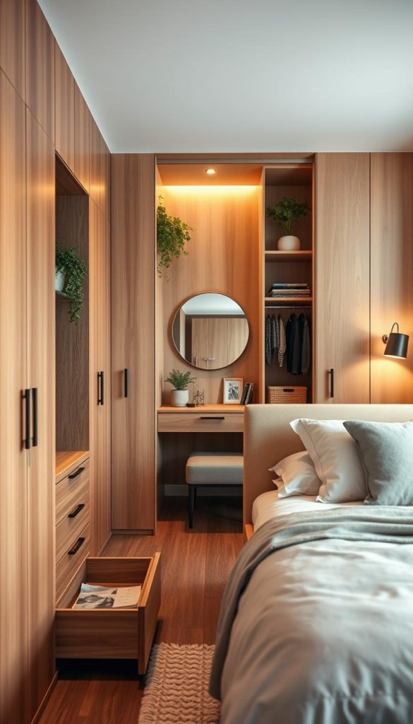 A cozy, stylish bedroom with an emphasis on smart storage solutions, reflecting a modern 2026 aesthetic. In the foreground, a thoughtfully designed multifunctional bed with built-in drawers, showcasing warm wood tones and soft textiles. The middle ground features a sleek dressing table with a round mirror, elegantly framed, and practical shelving holding decorative items. The backdrop reveals a well-organized closet with open shelves, styled with plants and books for a Pinterest-worthy look. The lighting is soft and inviting, casting a warm glow, ideal for creating a serene atmosphere. Capture the essence of "KlickKiste" with natural DIY elements and an inspiring, authentic feel. A cozy, stylish bedroom with an emphasis on smart storage solutions, reflecting a modern 2026 aesthetic. In the foreground, a thoughtfully designed multifunctional bed with built-in drawers, showcasing warm wood tones and soft textiles. The middle ground features a sleek dressing table with a round mirror, elegantly framed, and practical shelving holding decorative items. The backdrop reveals a well-organized closet with open shelves, styled with plants and books for a Pinterest-worthy look. The lighting is soft and inviting, casting a warm glow, ideal for creating a serene atmosphere. Capture the essence of "KlickKiste" with natural DIY elements and an inspiring, authentic feel.