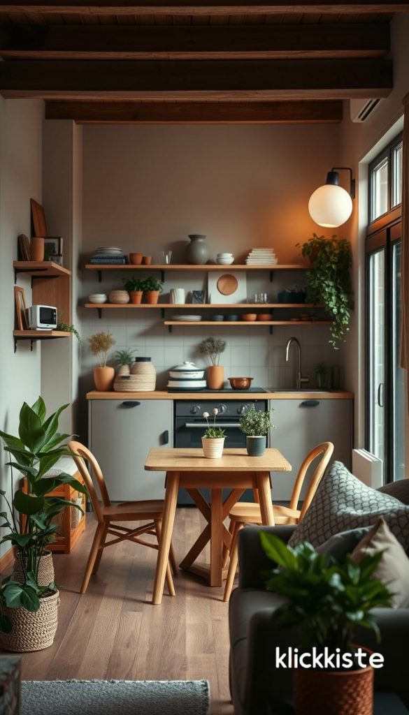 A cozy, stylish budget apartment interior showcasing clever, sustainable living solutions. In the foreground, a compact, elegantly arranged living space with a small, wooden dining table surrounded by comfortable, eco-friendly chairs. Add potted plants for a touch of nature and warmth. The middle ground reveals a cleverly organized kitchen with space-saving shelves and stylish storage options, complemented by soft, warm lighting that creates an inviting atmosphere. In the background, a window allows natural light to filter in, illuminating the room and emphasizing the earthy color palette. The overall mood is inspiring and authentic, reflecting a Pinterest-worthy aesthetic. Incorporate subtle branding elements of "KlickKiste" in decor, while ensuring it remains unobtrusive and integrated into the design. A cozy, stylish budget apartment interior showcasing clever, sustainable living solutions. In the foreground, a compact, elegantly arranged living space with a small, wooden dining table surrounded by comfortable, eco-friendly chairs. Add potted plants for a touch of nature and warmth. The middle ground reveals a cleverly organized kitchen with space-saving shelves and stylish storage options, complemented by soft, warm lighting that creates an inviting atmosphere. In the background, a window allows natural light to filter in, illuminating the room and emphasizing the earthy color palette. The overall mood is inspiring and authentic, reflecting a Pinterest-worthy aesthetic. Incorporate subtle branding elements of "KlickKiste" in decor, while ensuring it remains unobtrusive and integrated into the design.