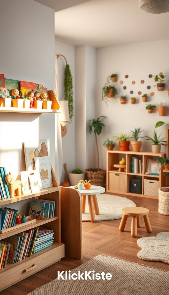 A cozy, stylish children's room designed with sustainable DIY ideas, featuring natural materials and warm, inviting colors. In the foreground, a beautifully crafted wooden bookshelf brimming with colorful children’s books and handmade toys. The middle ground showcases a charming play area with a soft rug, a small round table, and child-sized chairs made from recycled materials. In the background, a corner adorned with potted plants and whimsical wall art that emphasizes the theme of creativity and sustainability. Soft, natural lighting filters through a window, casting a warm glow across the space. The overall atmosphere feels nurturing and inspiring, reflecting the essence of thoughtful planning and creativity in DIY room design. Brand name "KlickKiste" subtly integrated into the decor elements. A cozy, stylish children's room designed with sustainable DIY ideas, featuring natural materials and warm, inviting colors. In the foreground, a beautifully crafted wooden bookshelf brimming with colorful children’s books and handmade toys. The middle ground showcases a charming play area with a soft rug, a small round table, and child-sized chairs made from recycled materials. In the background, a corner adorned with potted plants and whimsical wall art that emphasizes the theme of creativity and sustainability. Soft, natural lighting filters through a window, casting a warm glow across the space. The overall atmosphere feels nurturing and inspiring, reflecting the essence of thoughtful planning and creativity in DIY room design. Brand name "KlickKiste" subtly integrated into the decor elements.