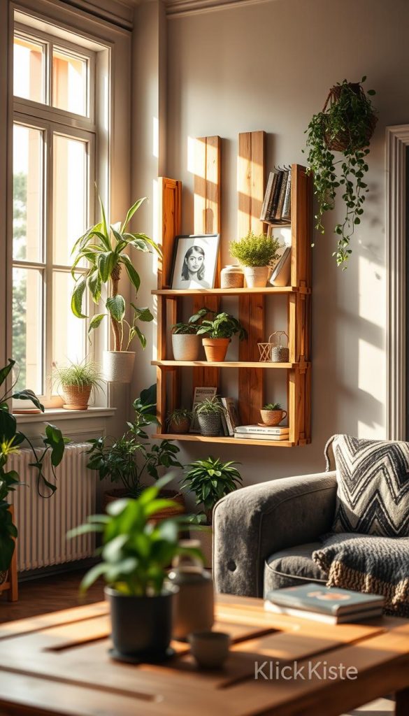 A cozy, stylish interior showcasing innovative "regale wandlösungen" made from wooden pallets. In the foreground, a beautifully arranged pallet shelf displays a variety of potted plants, books, and rustic decor items, all bathed in warm, natural light. In the middle, a creatively designed wall-mounted shelf made from pallets invites viewers to explore its unique structure, emphasizing practicality for home and balcony use. The background features a softly lit room with gentle pastel colors, adding to the inviting atmosphere, while a hint of greenery peeks through a window, enhancing the natural vibe. The scene is captured with a warm, inviting lens effect, creating an authentic Pinterest-inspired look. Include subtle branding elements of "KlickKiste" to reinforce the DIY theme.